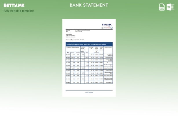 Модерен стил, шаблон ексел за извод од банка АБЦ на Боцвана банка